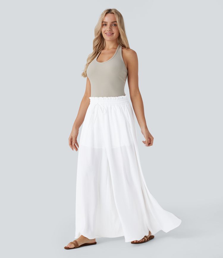 Frill Mid High Waisted Drawstring Pocket 2-in-1 Wide Leg Flowy Casual Linen-Feel Pants