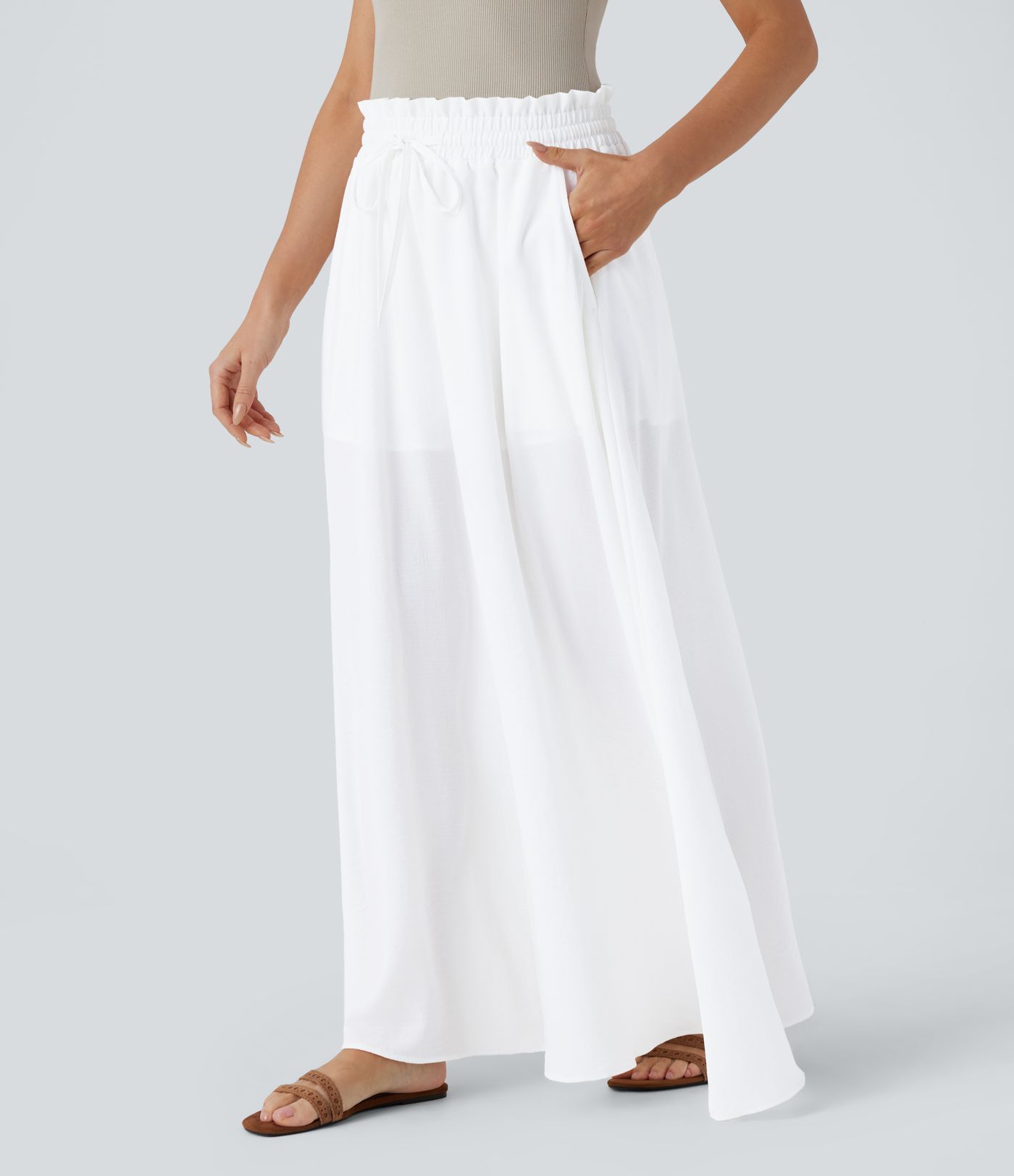 Frill Mid High Waisted Drawstring Pocket 2-in-1 Wide Leg Flowy Casual Linen-Feel Pants