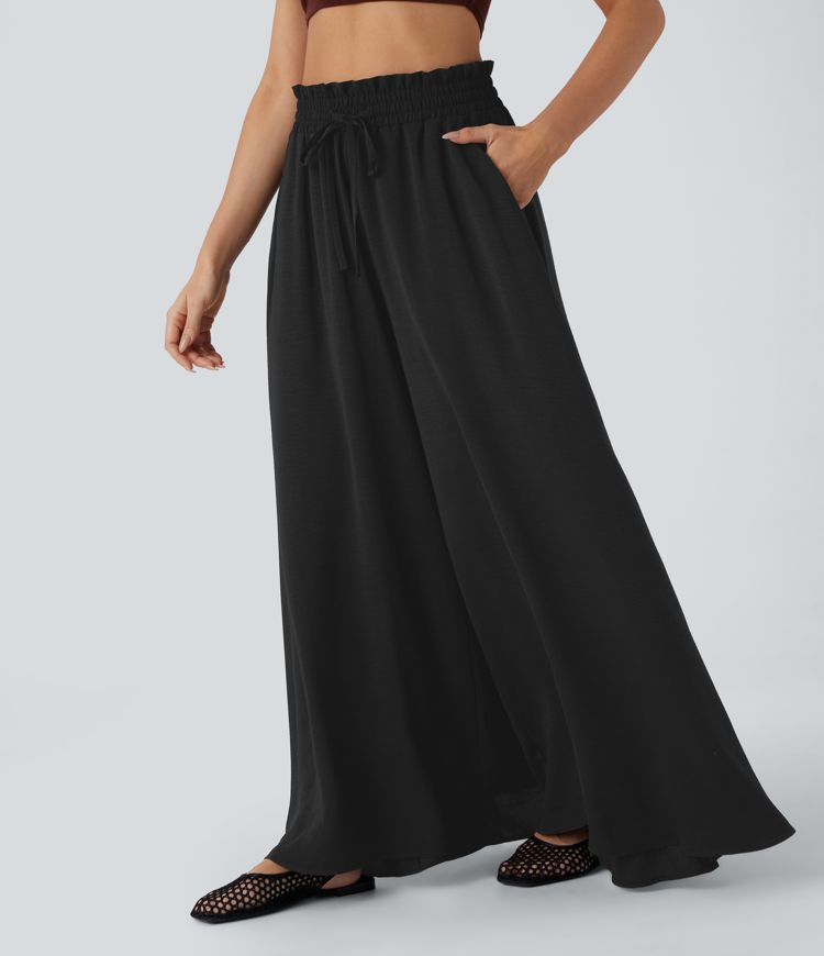 Pantalones casuales de lino con cintura alta, cordón, bolsillos y pierna ancha 2 en 1