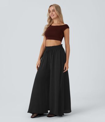 Pantalones casuales de lino con cintura alta, cordón, bolsillos y pierna ancha 2 en 1