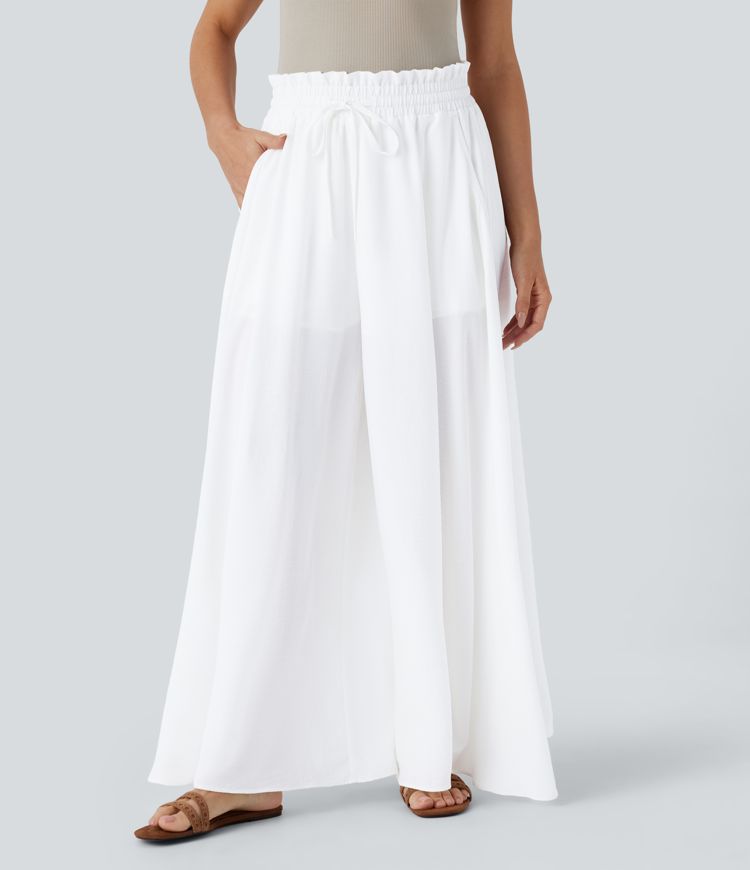 Frill Mid High Waisted Drawstring Pocket 2-in-1 Wide Leg Flowy Casual Linen-Feel Pants