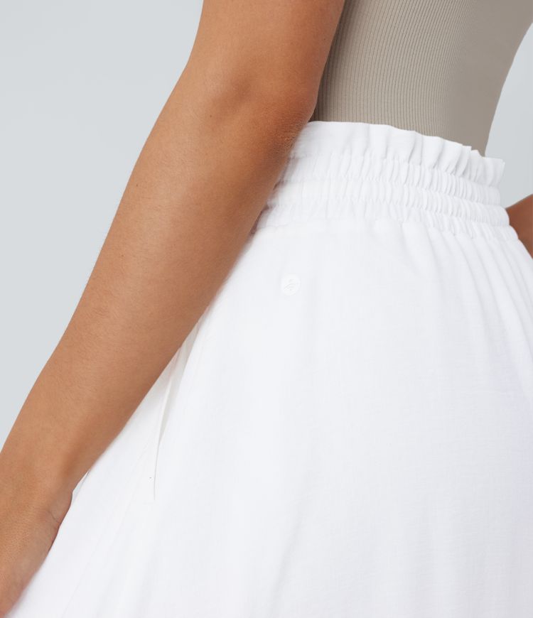 Frill Mid High Waisted Drawstring Pocket 2-in-1 Wide Leg Flowy Casual Linen-Feel Pants