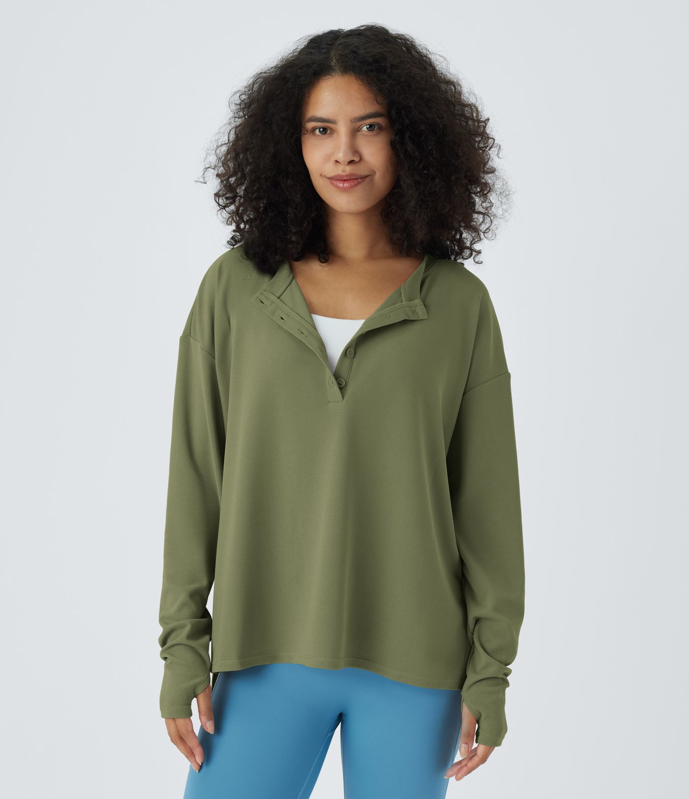 Front Thumb Hole Waffle Casual Sweatshirt