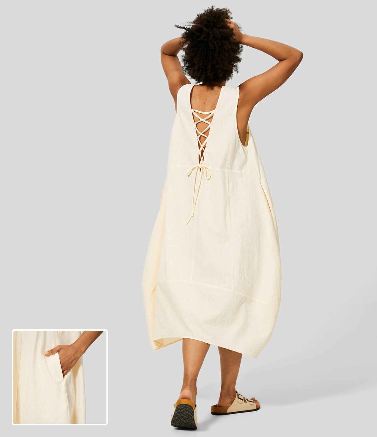 Sleeveless, backless, tie-up, casual flowy midi dress in cotton with side pockets and lacing