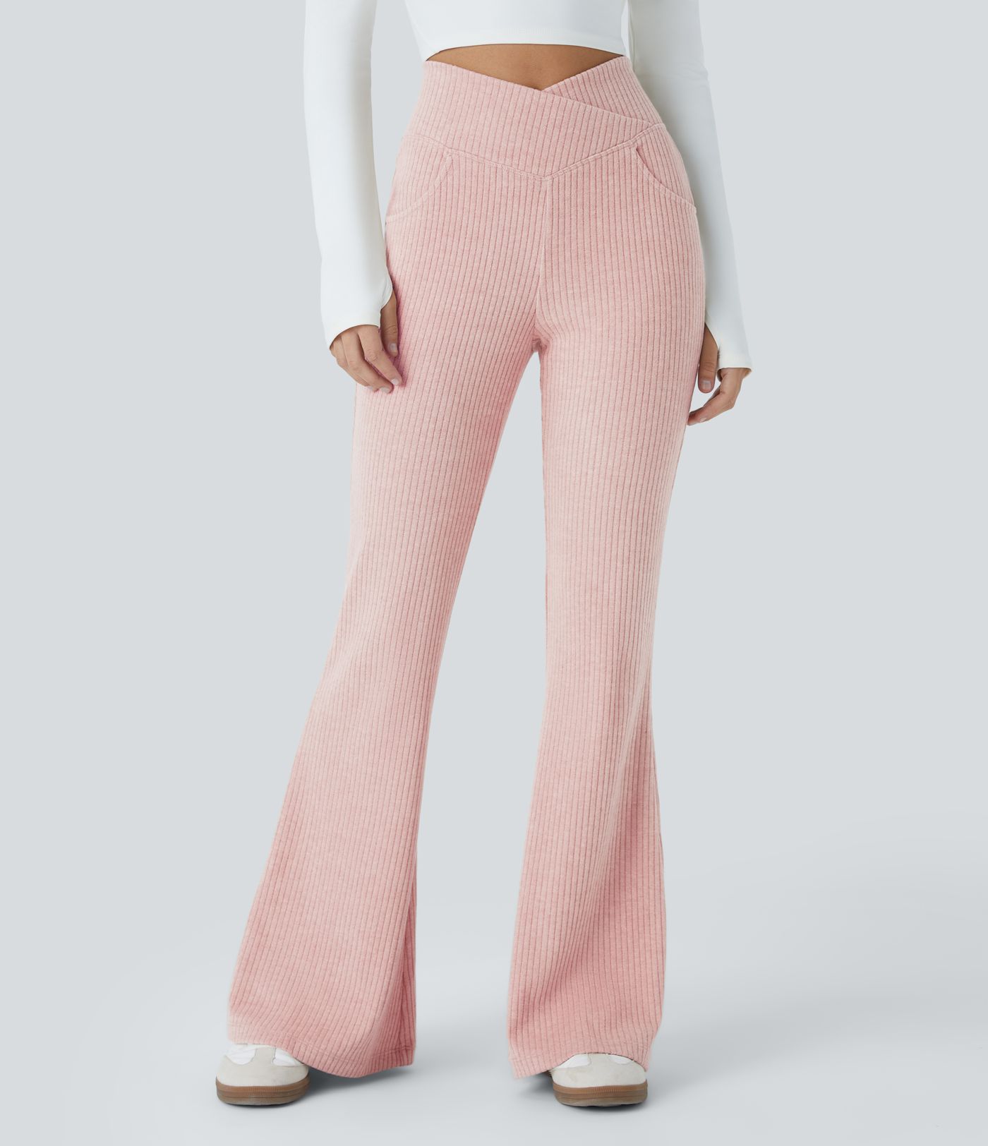Ribbed Knit Crossover High Waisted Pocket Casual Flared Trousers