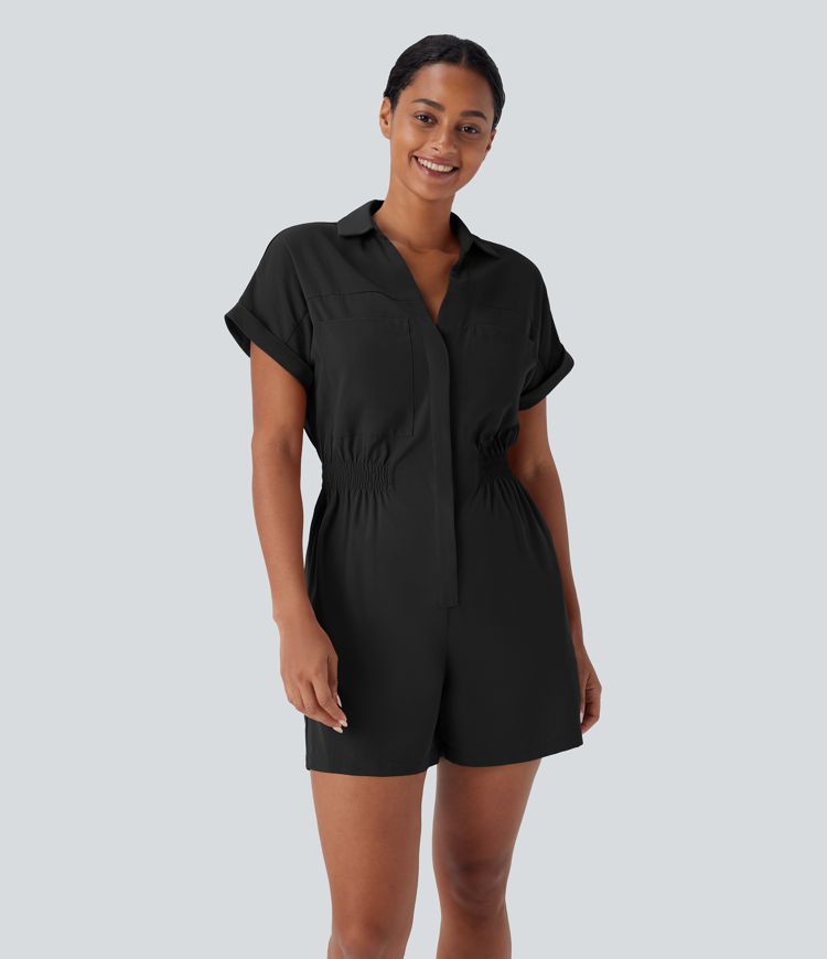 Combishort décontracté col chemise avec encolure en V, manches courtes, boutons invisibles et poches latérales