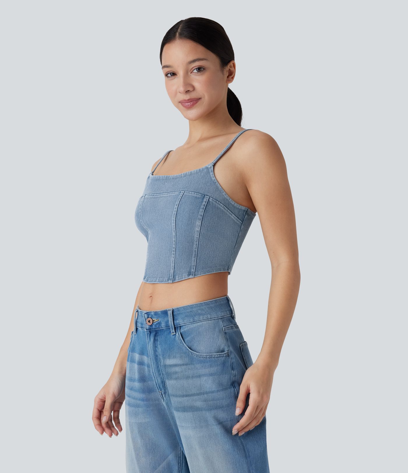 Top Halara Flex™ Denim corto mezclilla elástico sin espalda tirante ajustable