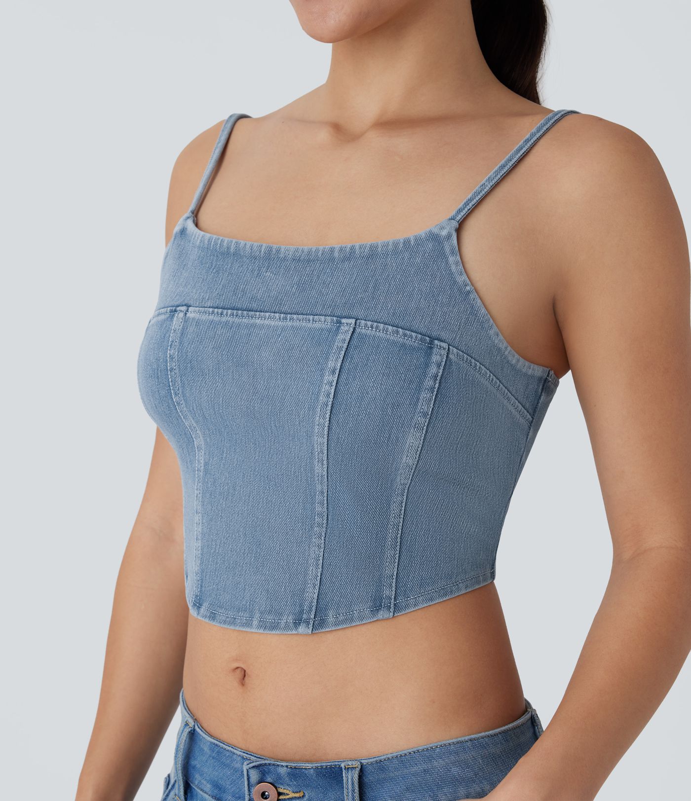Top Halara Flex™ Denim corto mezclilla elástico sin espalda tirante ajustable