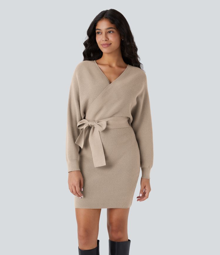 Crossover V Neck  Batwing Long Sleeve Belted Mini Casual Sweater Dress