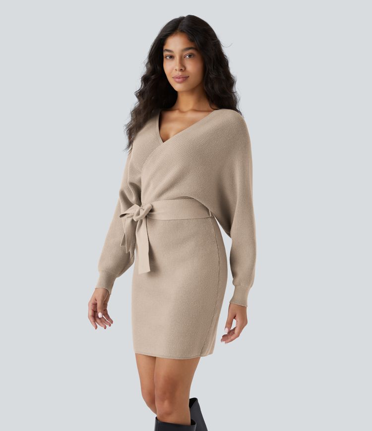 Crossover V Neck  Batwing Long Sleeve Belted Mini Casual Sweater Dress
