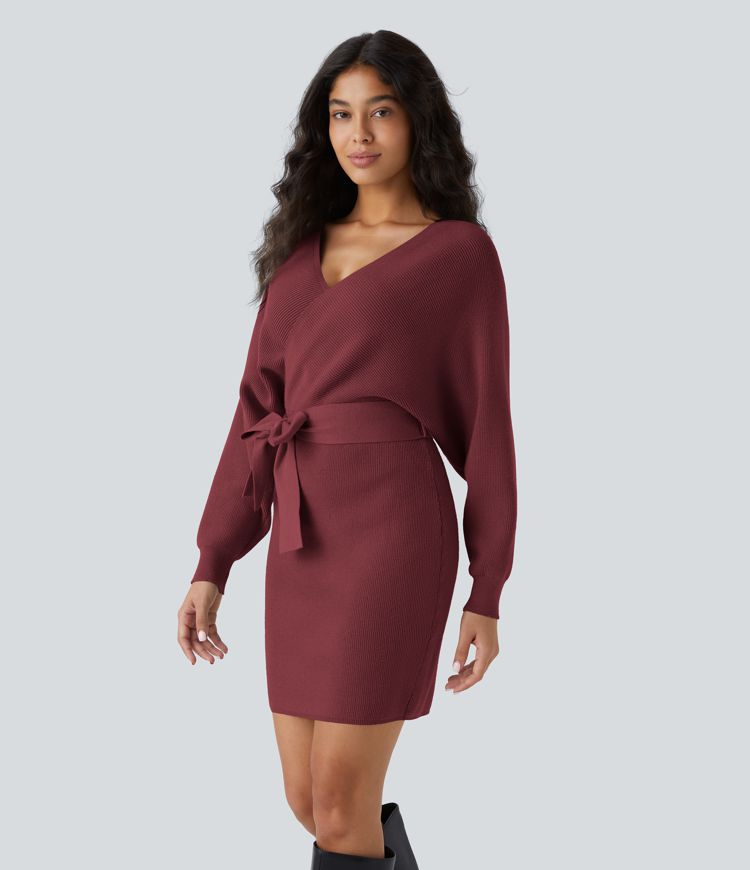 Robe-pull courte décontractée à col V croisé, manches chauve-souris longues et ceinture