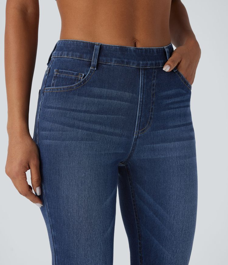Halara Flex™ Jeans Casual Taille Haute Multiples Poches Lavés Élastiques et Tricotés Coupe Bootcut