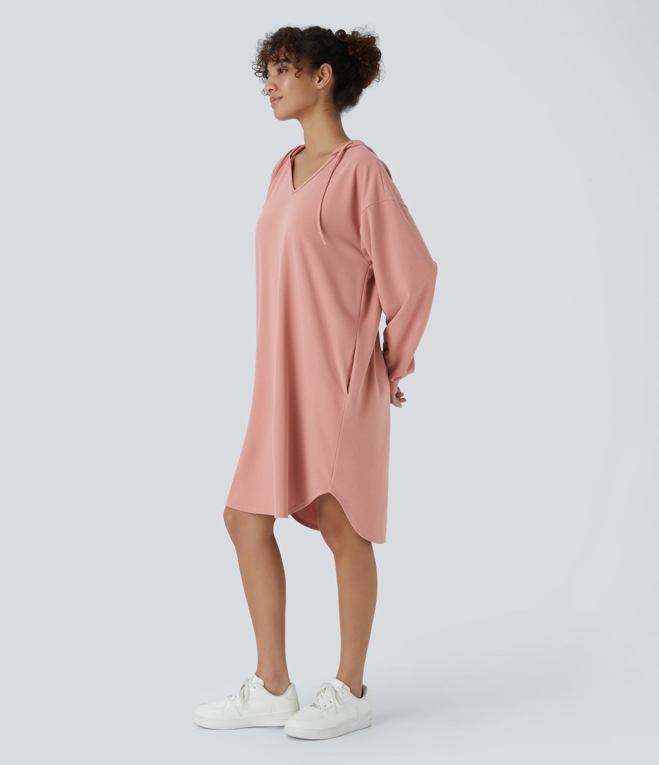 Drawstring Hooded Long Sleeve Side Pockets High-Low Curved Hem Oversized Mini Waffle Casual Sweatshirt Dress