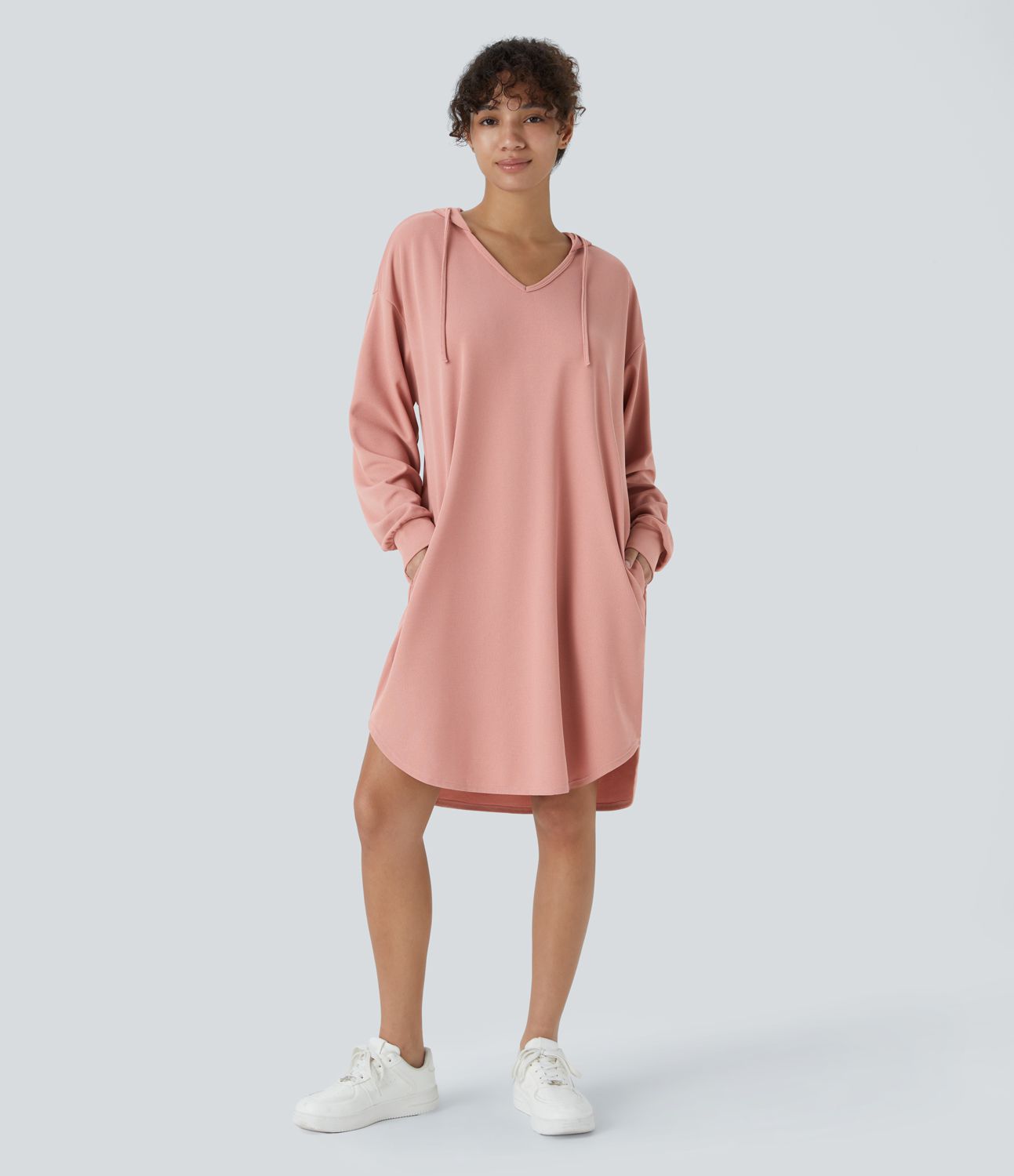 Drawstring Hooded Long Sleeve Side Pockets High-Low Curved Hem Oversized Mini Waffle Casual Sweatshirt Dress
