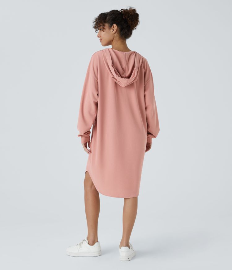Drawstring Hooded Long Sleeve Side Pockets High-Low Curved Hem Oversized Mini Waffle Casual Sweatshirt Dress