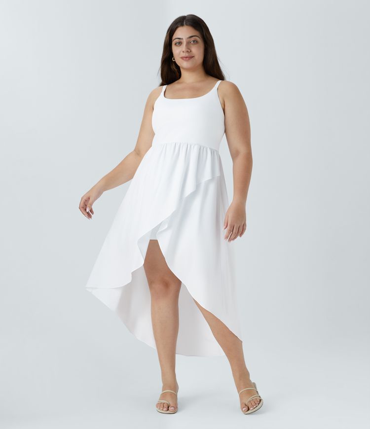 Breezeful™ Backless Asymmetric Crossover Hem 2-Piece Side Pocket Flowy Midi Quick Dry Casual Plus Size Dress