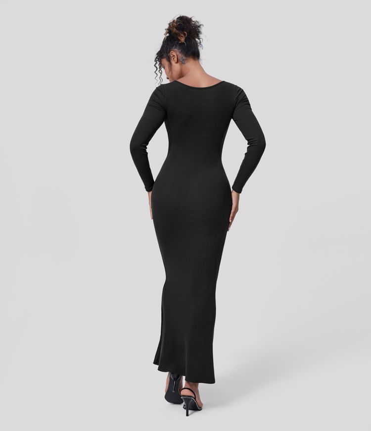 Women’s Ribbed U Neck Long Sleeve Bodycon Maxi Party Dress HALARA
