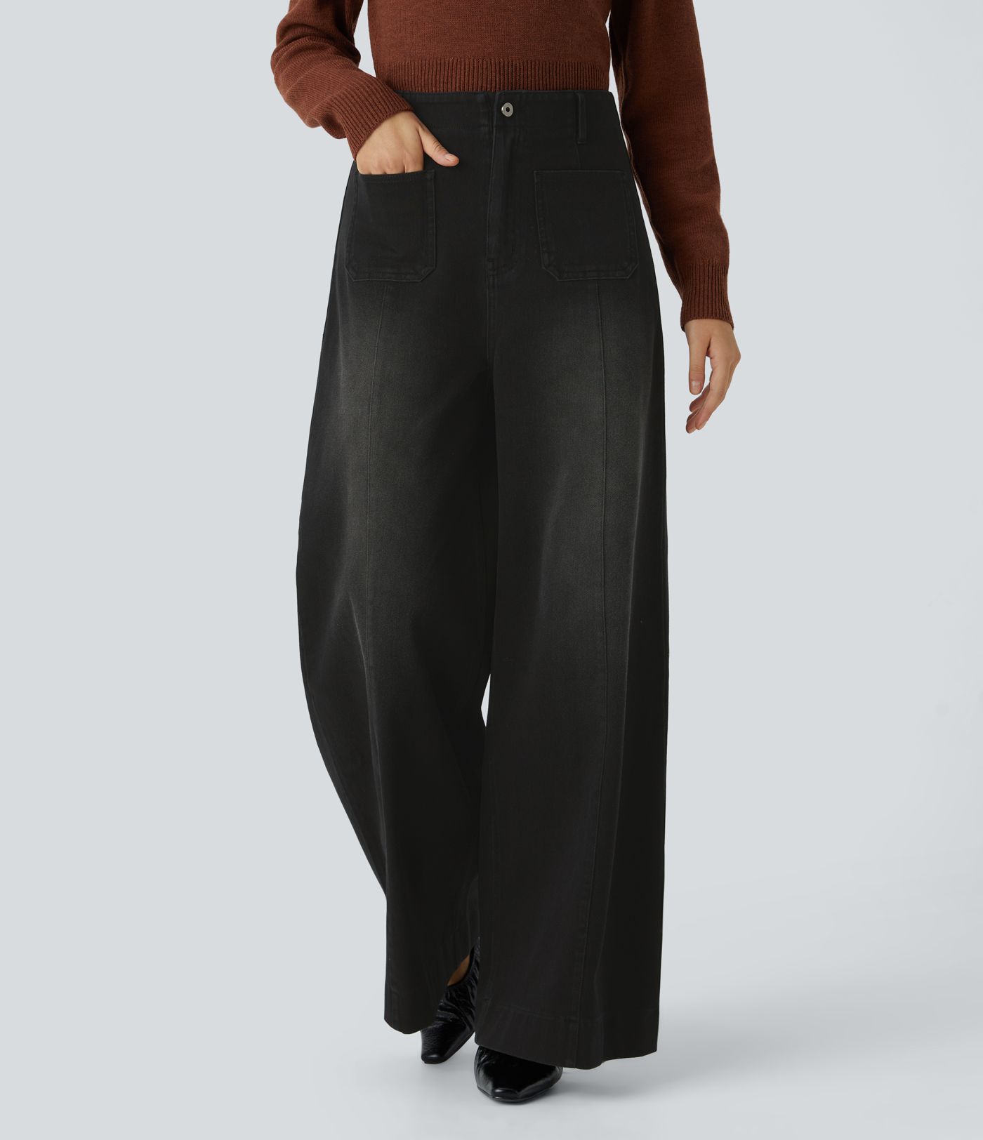 Halara Flex™ High Waisted Pockets Washed Denim Casual Women Wide Leg Baggy Jeans