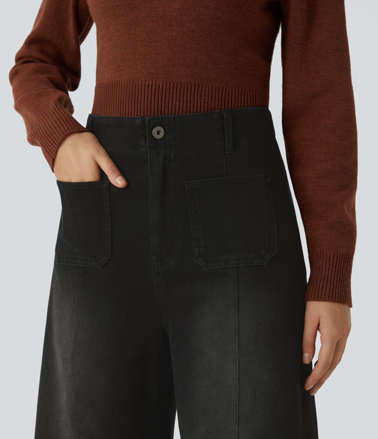 Halara Flex™ Jean Palazzo et Large Taille Haute avec Poches Avant en Tricot Extensible Lavé