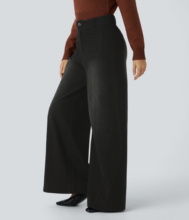 Halara Flex™ Jean Palazzo et Large Taille Haute avec Poches Avant en Tricot Extensible Lavé