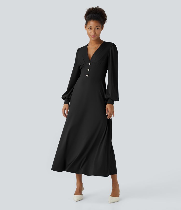 V Neck Decorative Puff Long Sleeve Midi Casual Dress