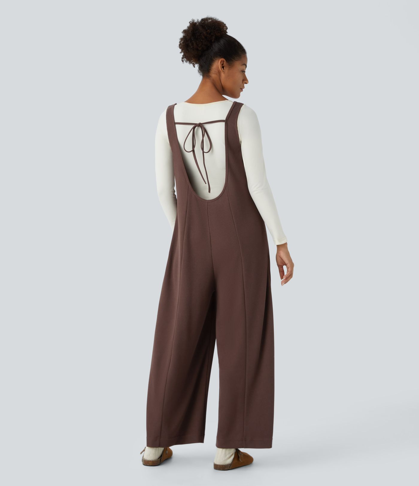 Mono pierna ancha bolsillo lateral sin mangas sin espalda canalé lazo espalda