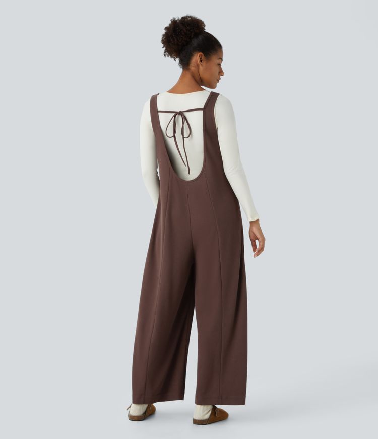 Mono pierna ancha bolsillo lateral sin mangas sin espalda canalé lazo espalda