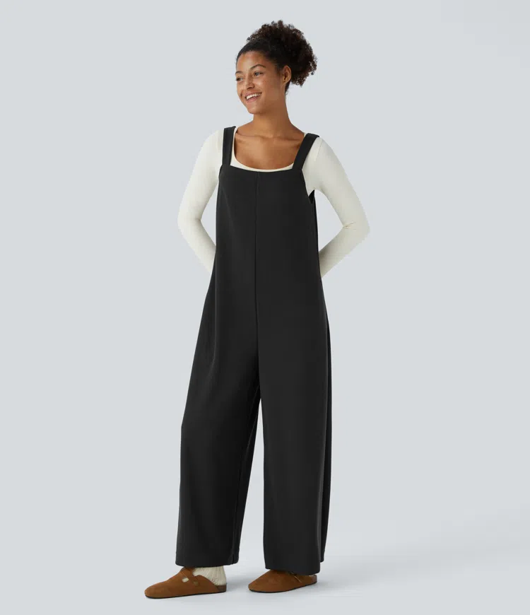 Ribbed Tie Back Sleeveless Pocket Wide Leg Casual Jumpsuit