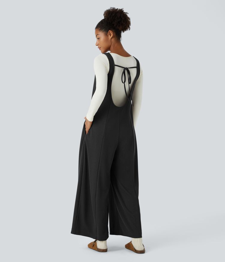 Ribbed Tie Back Sleeveless Pocket Wide Leg Casual Jumpsuit