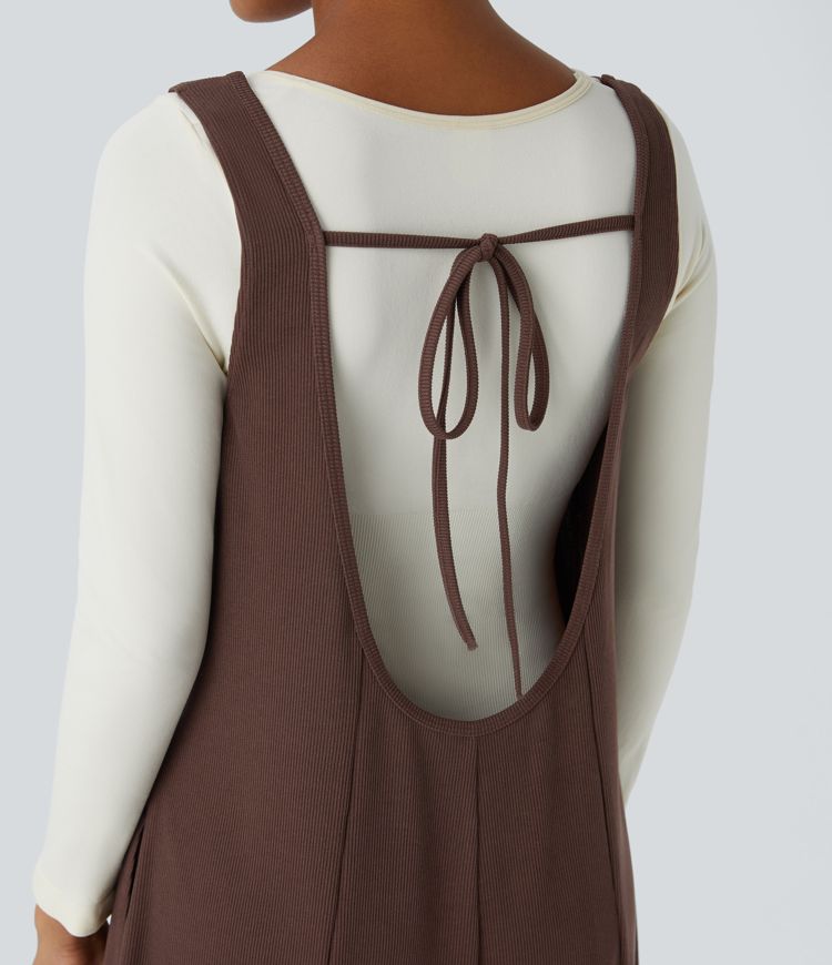 Mono pierna ancha bolsillo lateral sin mangas sin espalda canalé lazo espalda