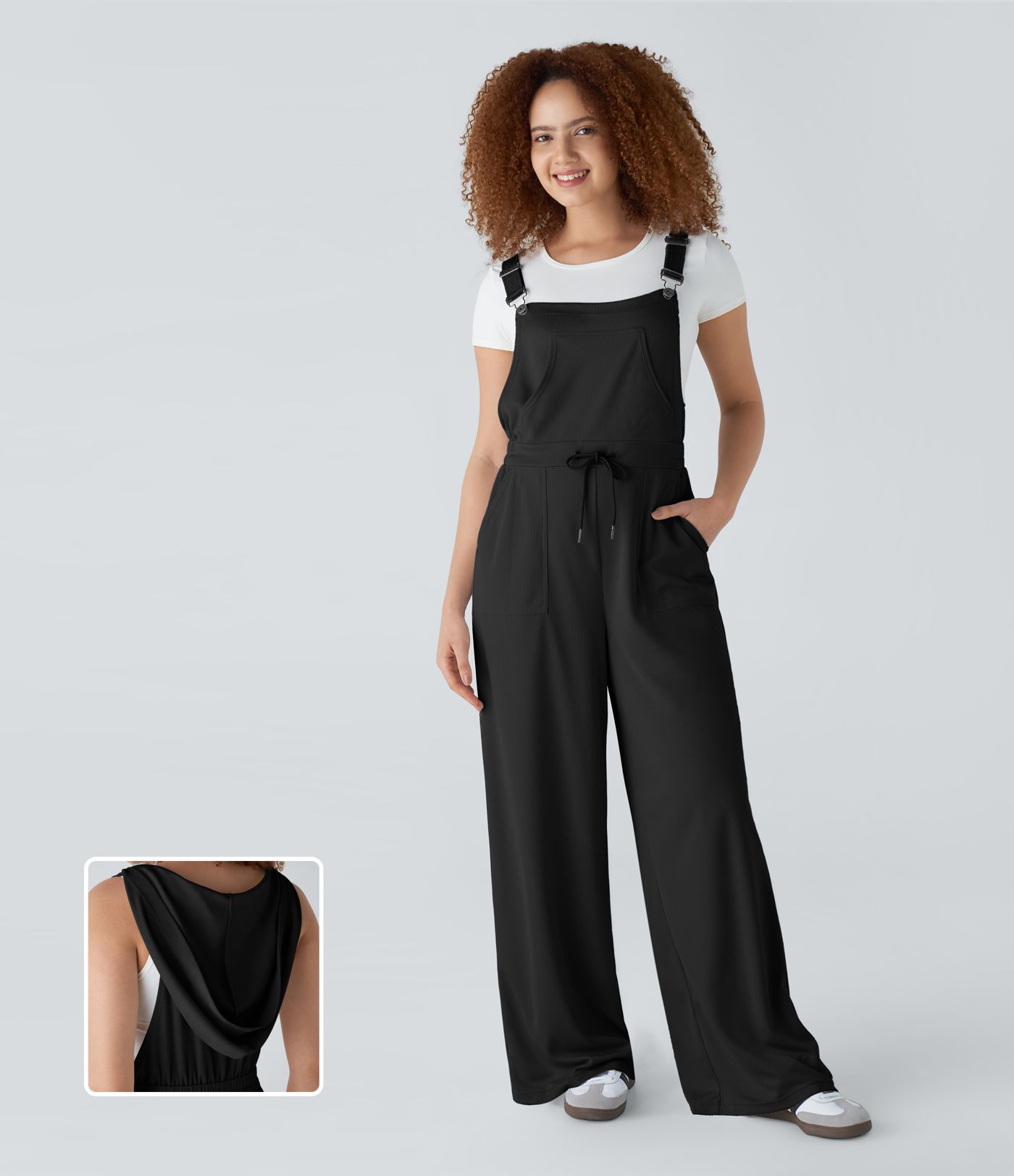 Hooded adjustable straps, drawstring, multiple pockets, waffle casual overall