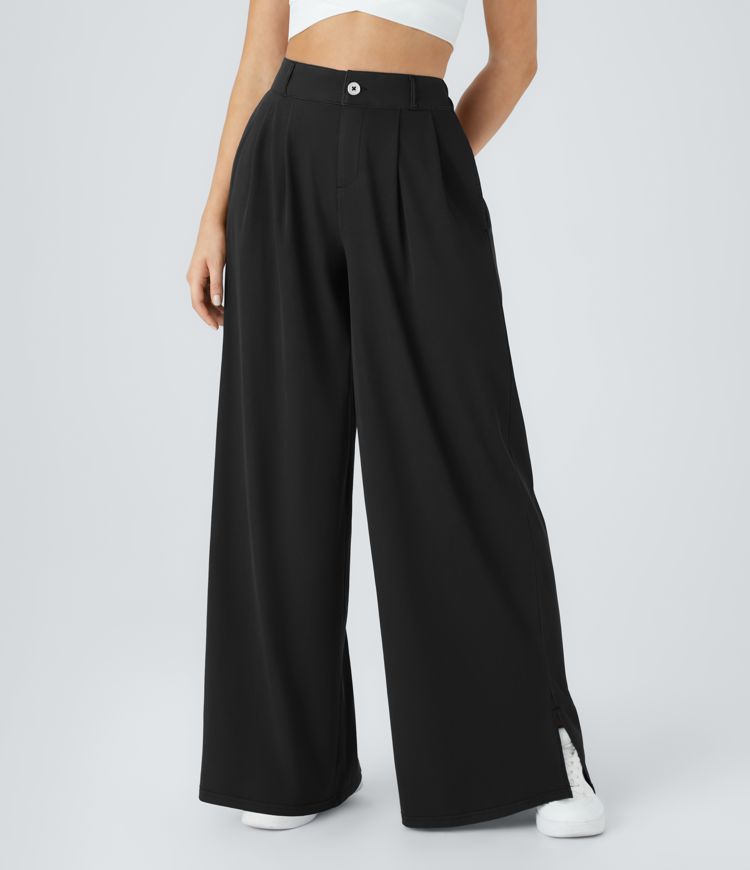  High Waisted Button Zipper Plicated Side Pocket Split Hem Wide Leg Casual Pants