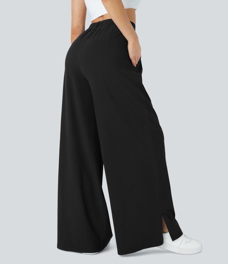  High Waisted Button Zipper Plicated Side Pocket Split Hem Wide Leg Casual Pants