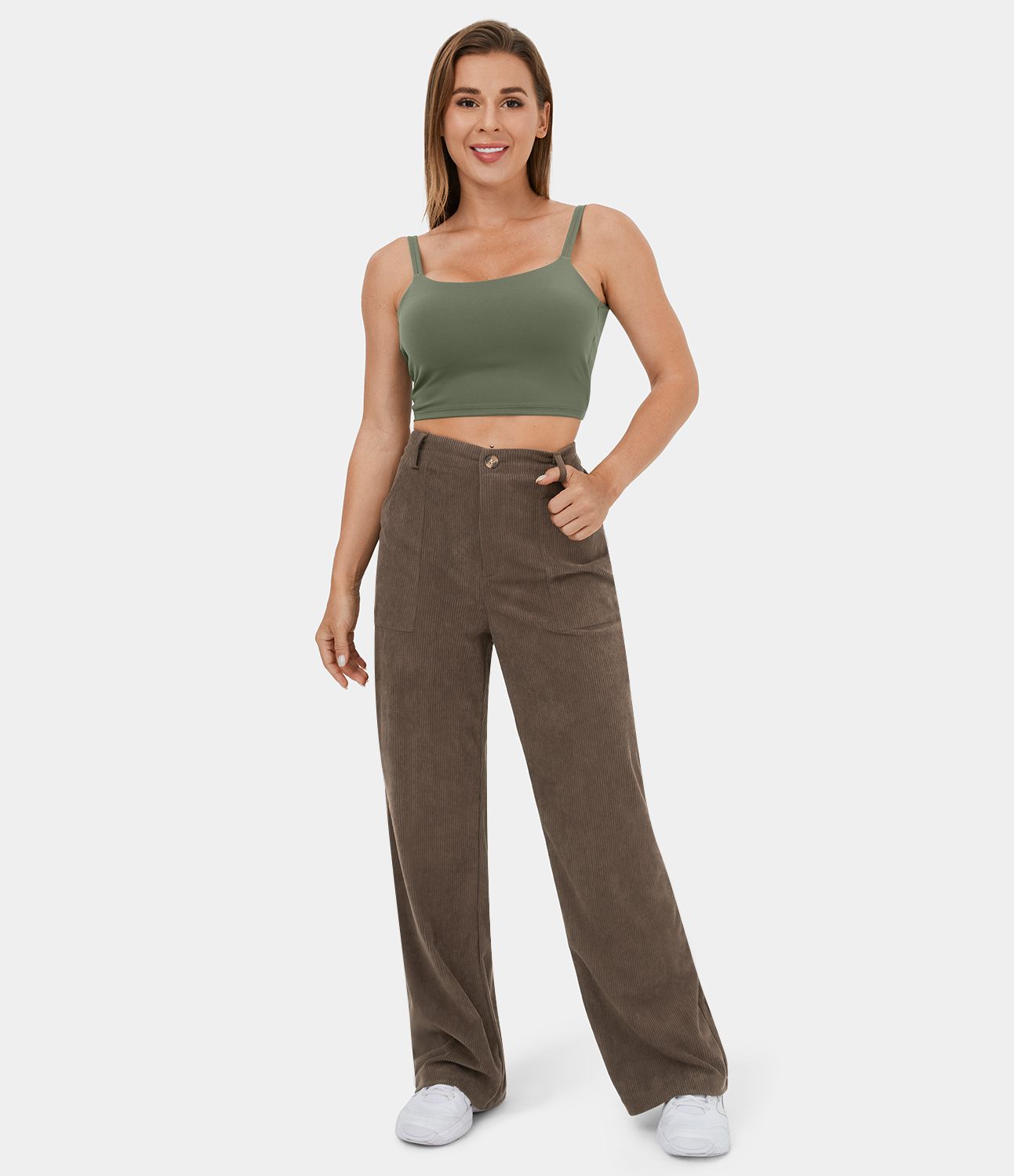 Mid Rise Button Zipper Side Pocket Corduroy Wide Leg Casual Pants