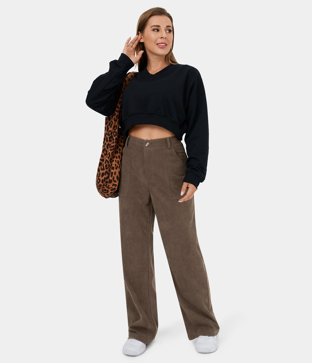 Mid Rise Button Zipper Side Pocket Corduroy Wide Leg Casual Pants
