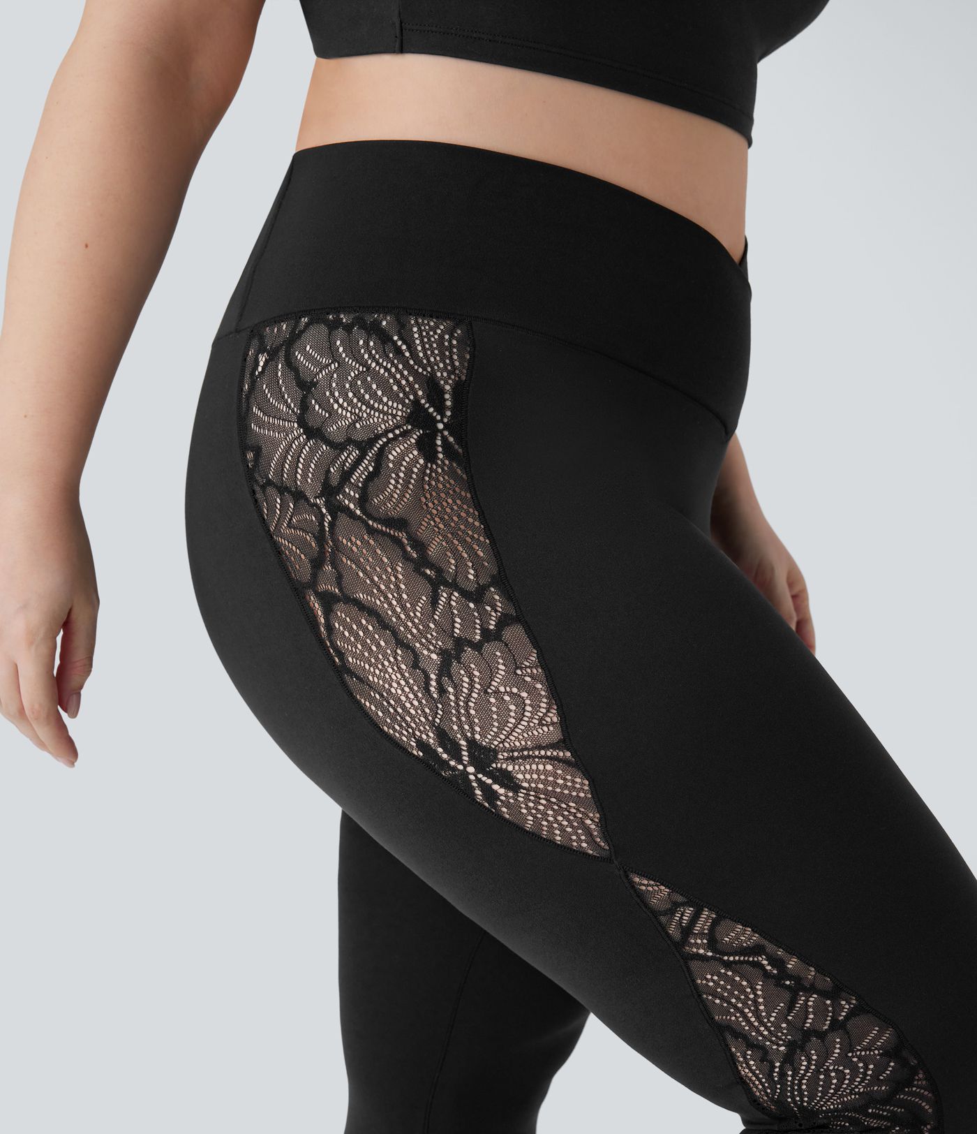 SoftlyZero™ High Waisted Crossover Contrast Lace Pocket Yoga 7/8 Plus Size Leggings-UPF50+
