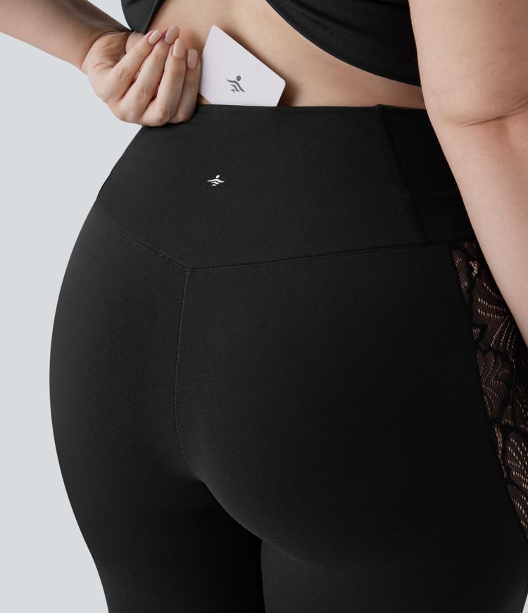 SoftlyZero™ High Waisted Crossover Contrast Lace Pocket Yoga 7/8 Plus Size Leggings-UPF50+