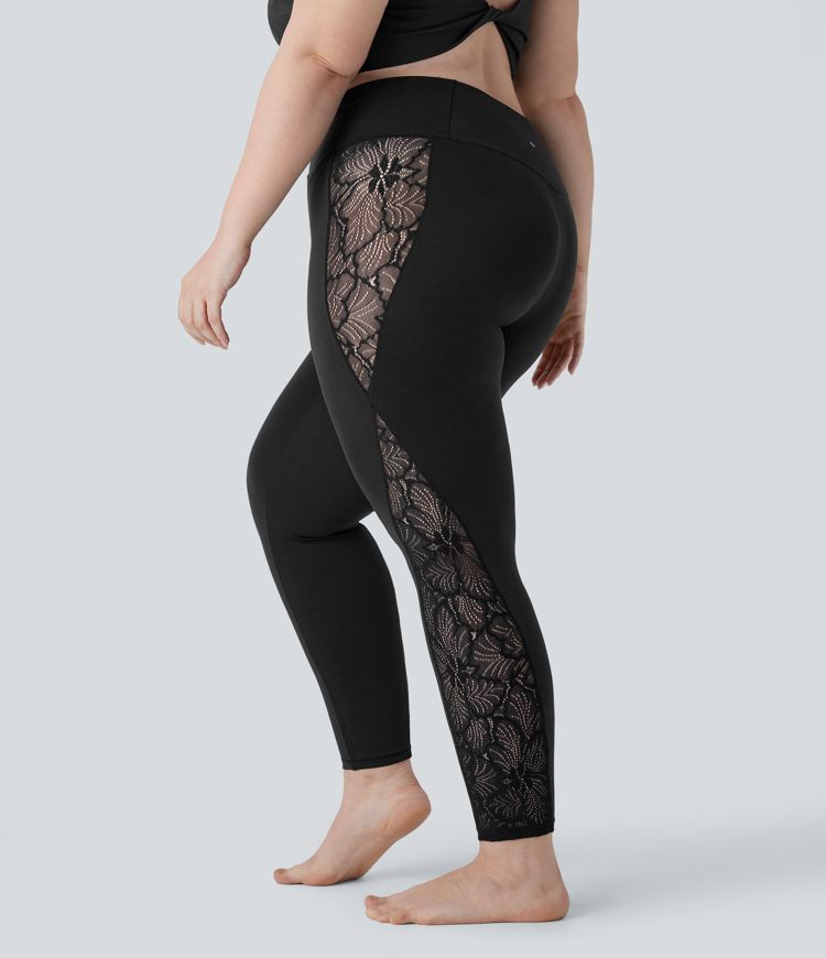 Softlyzero™ High Waisted Crossover Contrast Lace Back Pocket Yoga 7/8 Plus Size Leggings-UPF50+