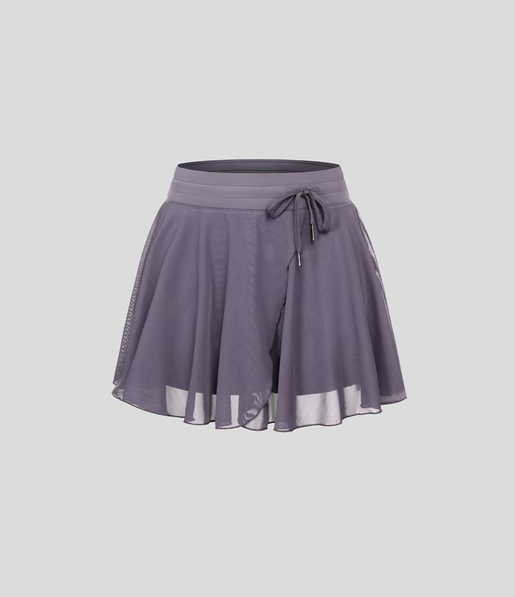 Falda mini acampanada fluida bolsillo lateral 2 en 1 malla contrastante cordón tiro alto