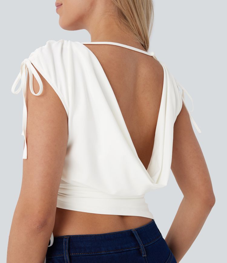 Boat Neck Cap Sleeve Drawstring Cropped Casual Top