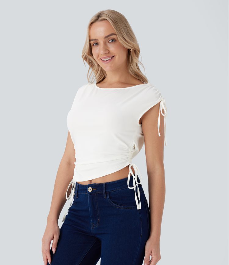 Boat Neck Cap Sleeve Drawstring Cropped Casual Top