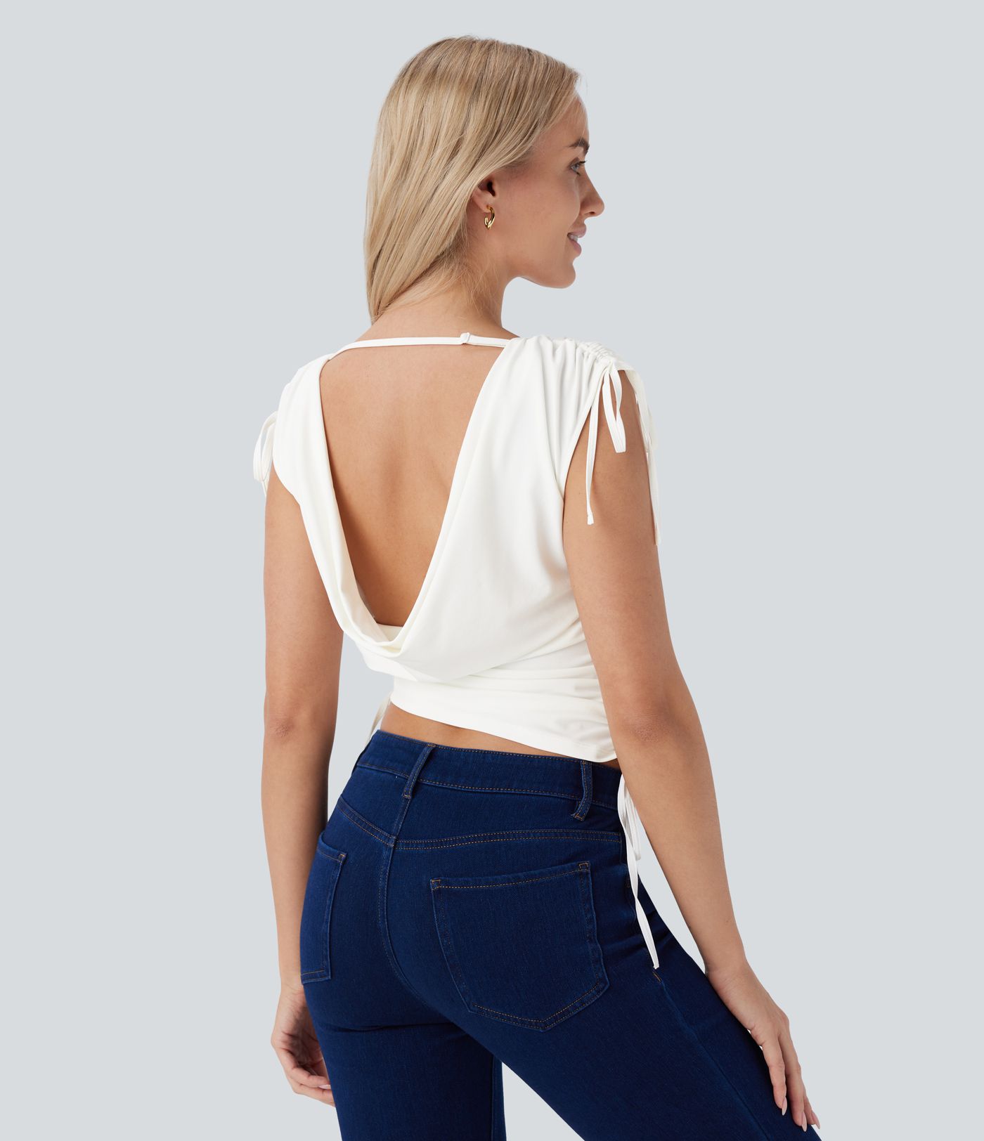 Boat Neck Cap Sleeve Drawstring Cropped Casual Top