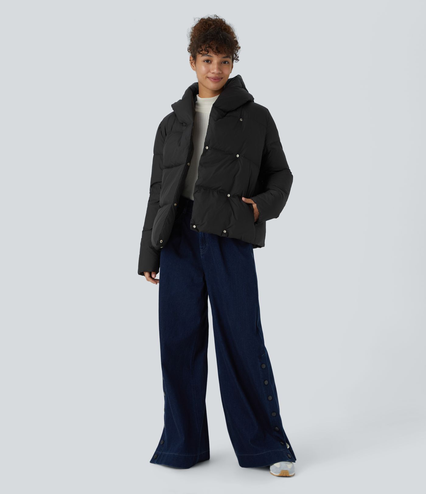 Water Repellent Hooded Side Zipper Pocket Snap Relaxed Casual Puffer Down Jacket