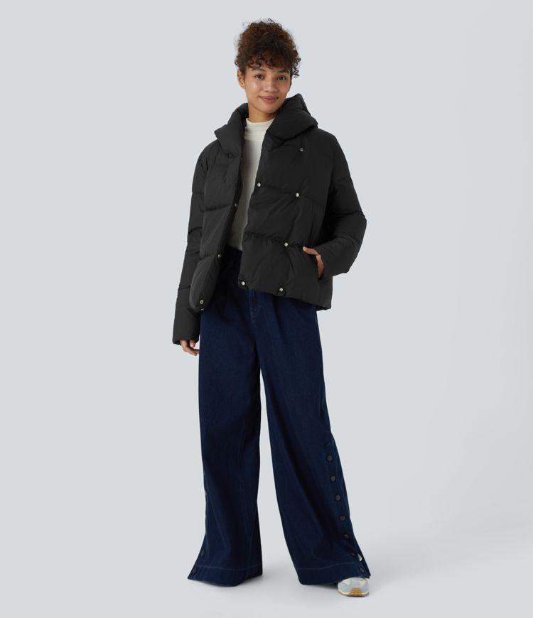 Water Repellent Hooded Side Zipper Pocket Snap Relaxed Casual Puffer Down Jacket