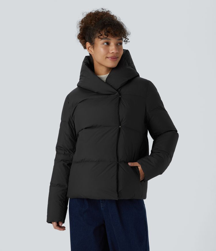 Water Repellent Hooded Side Zipper Pocket Snap Relaxed Casual Puffer Down Jacket