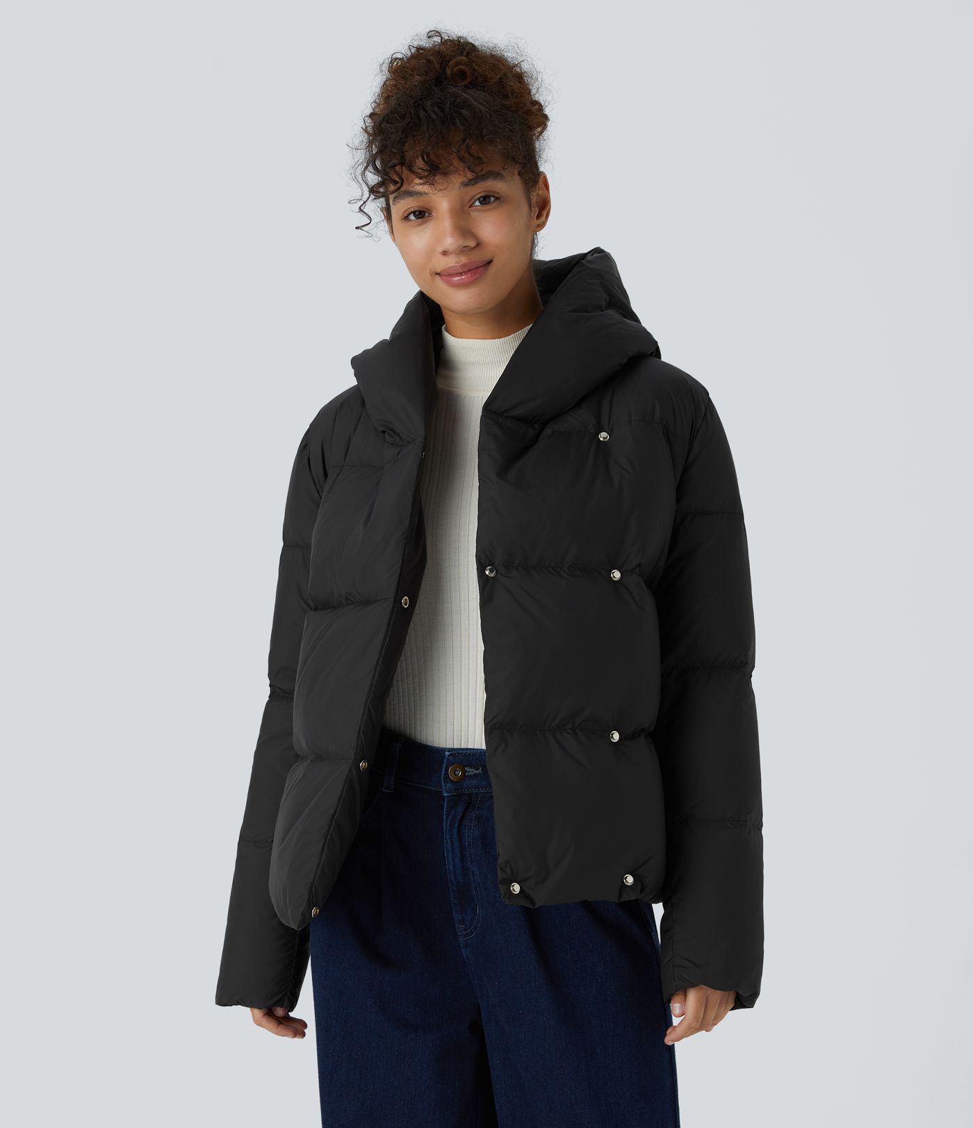 Water Repellent Hooded Side Zipper Pocket Snap Relaxed Casual Puffer Down Jacket