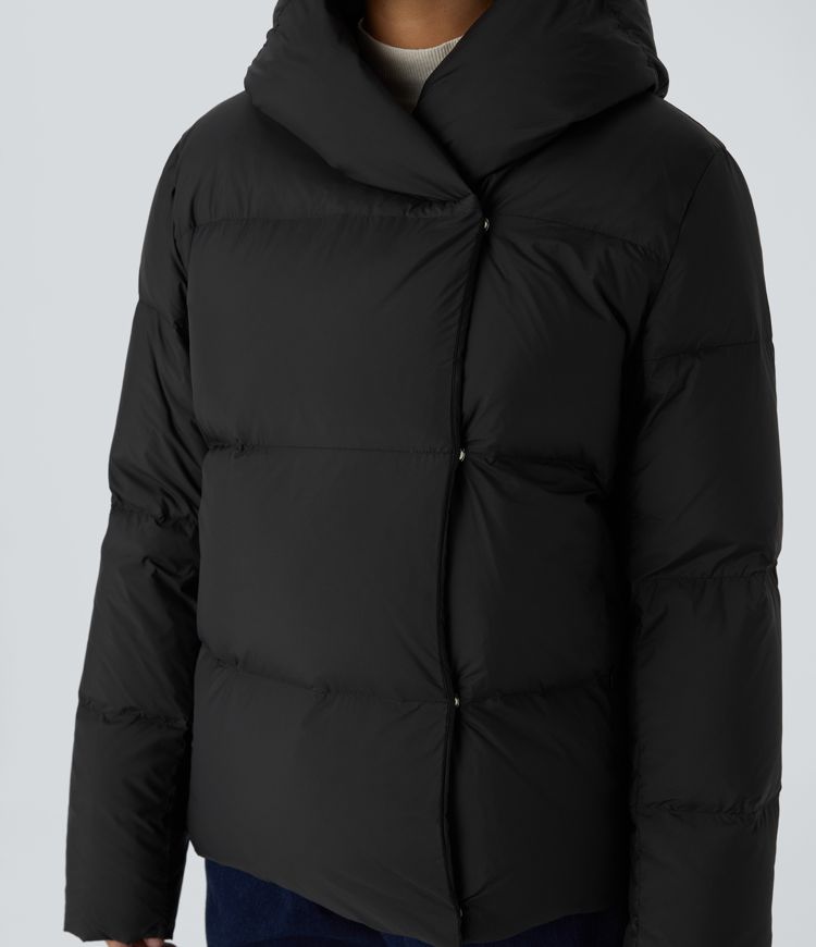 Water Repellent Hooded Side Zipper Pocket Snap Relaxed Casual Puffer Down Jacket