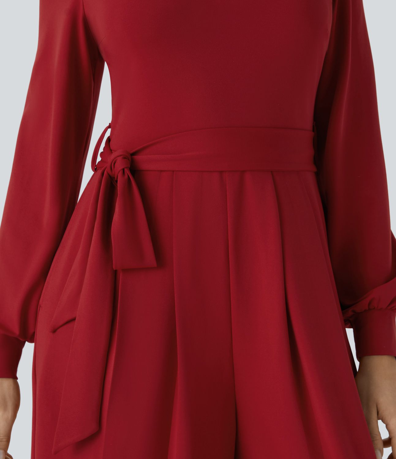 V-neck button long sleeve belted pleated side pocket wide party guest look jumpsuit