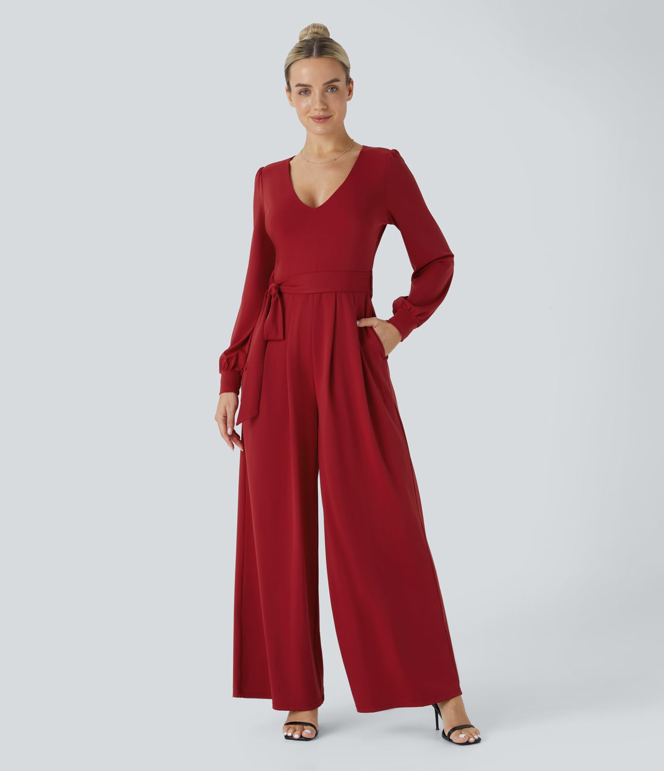 V-neck button long sleeve belted pleated side pocket wide party guest look jumpsuit