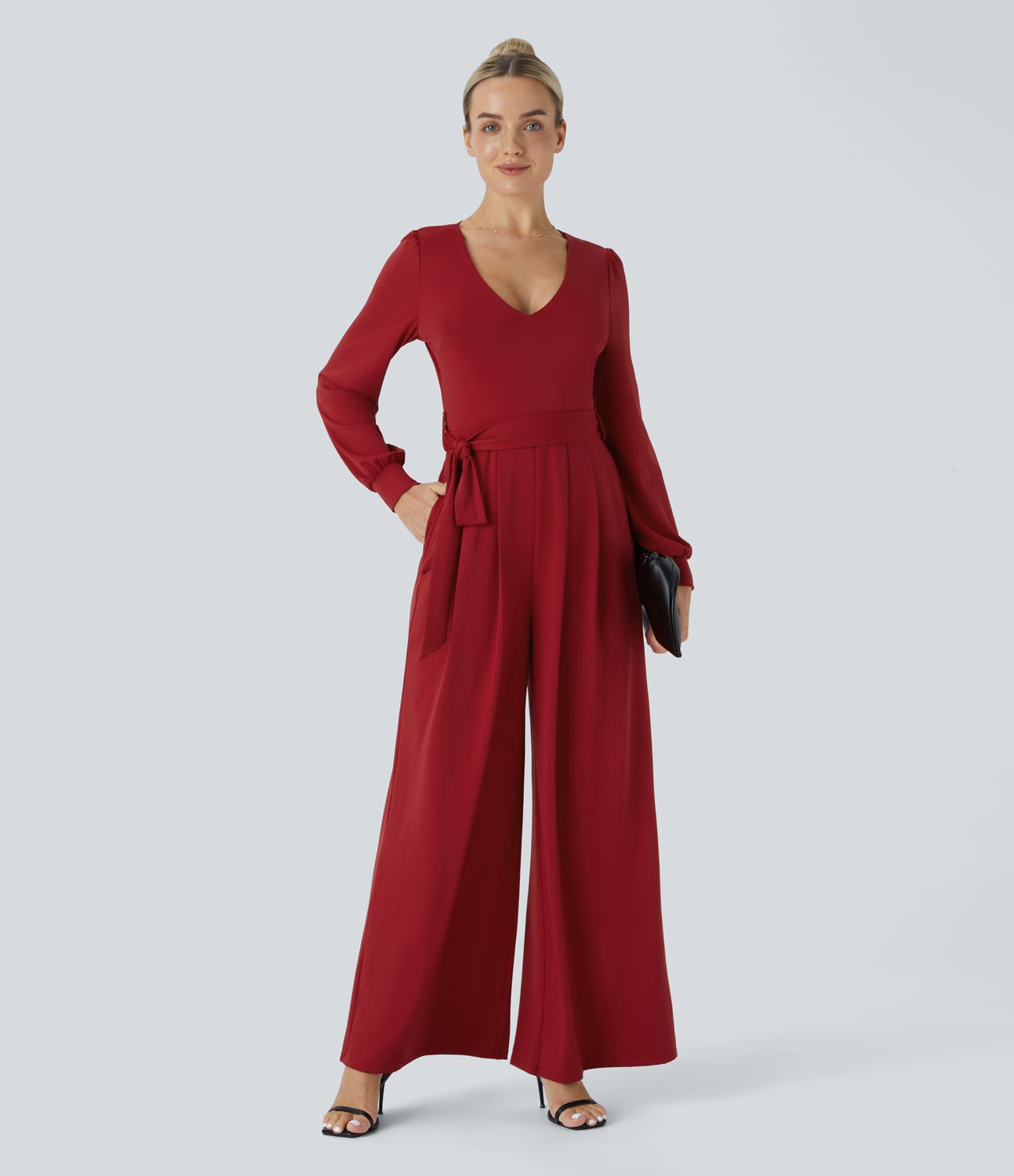 V-neck button long sleeve belted pleated side pocket wide party guest look jumpsuit